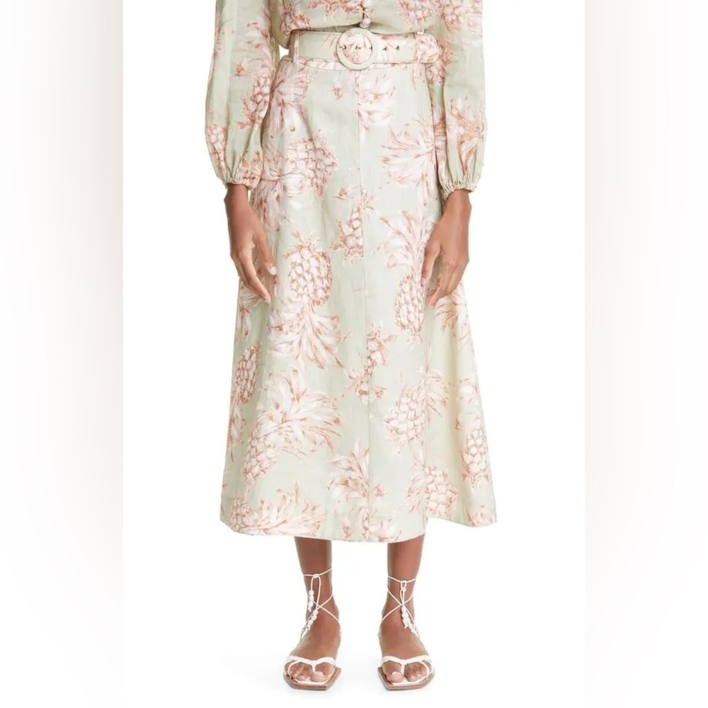 Zimmermann Pineapple Print Linen Midi Skirt Sage Green Belted Size 2, US Size 8